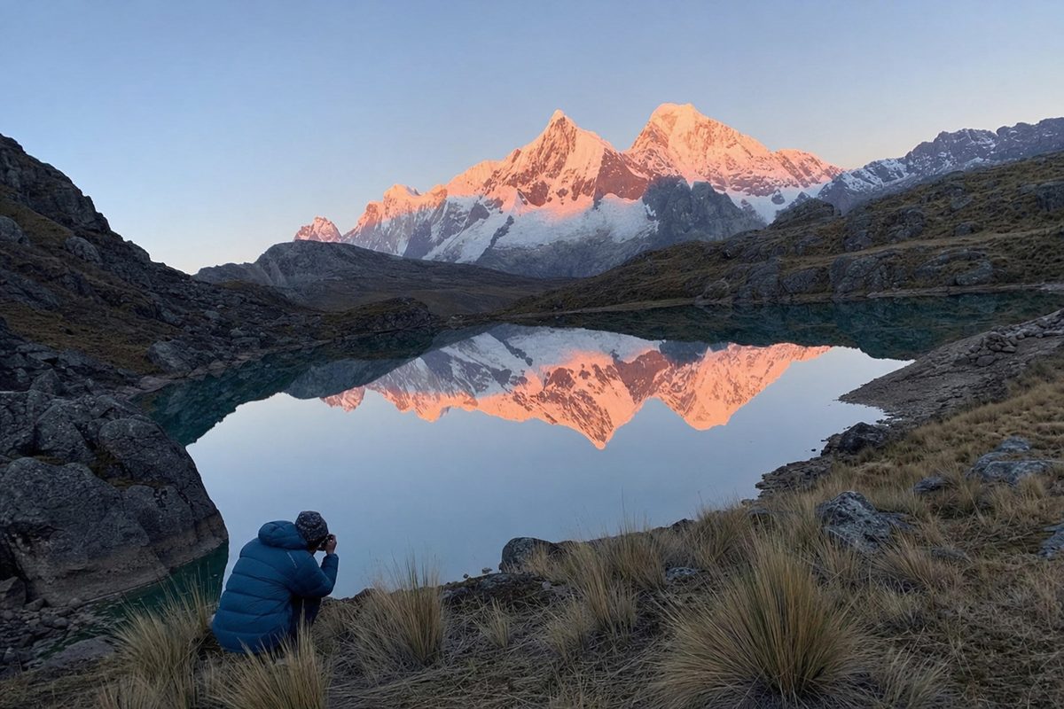 Alpenglow on the wall above a still lake, perfectly reflected, a figure at the water's edge.